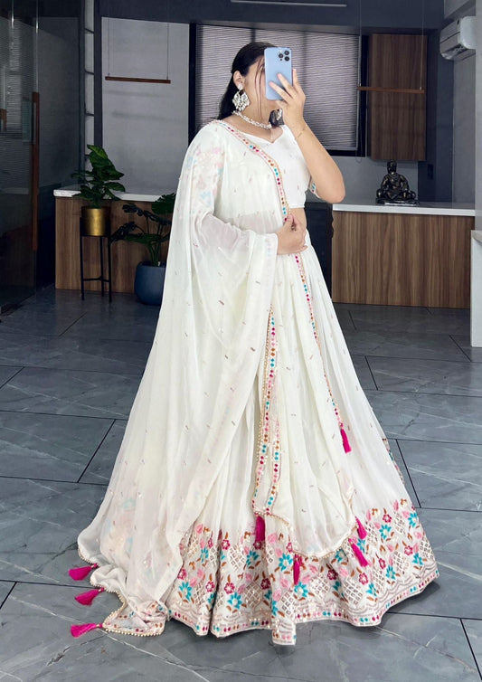 Classical Off White Embroidery Lehenga Choli