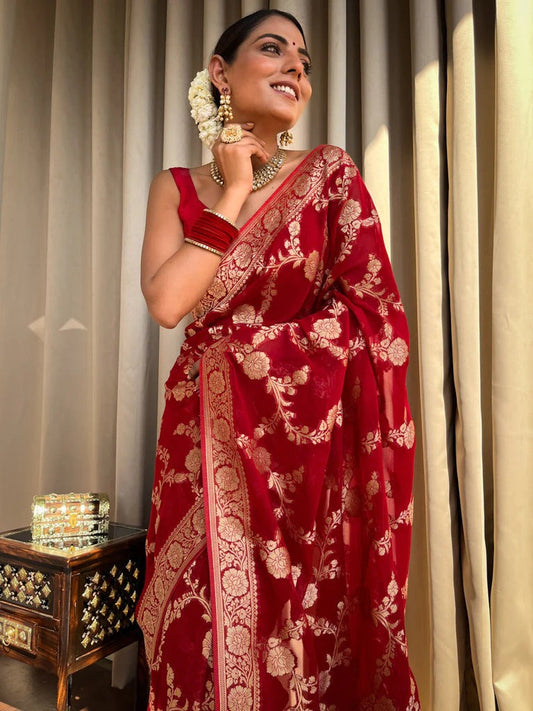 Elegantly decorated with gorgeous Solid Jacquard weave that gives a perfect look to the outfit Red Colur
