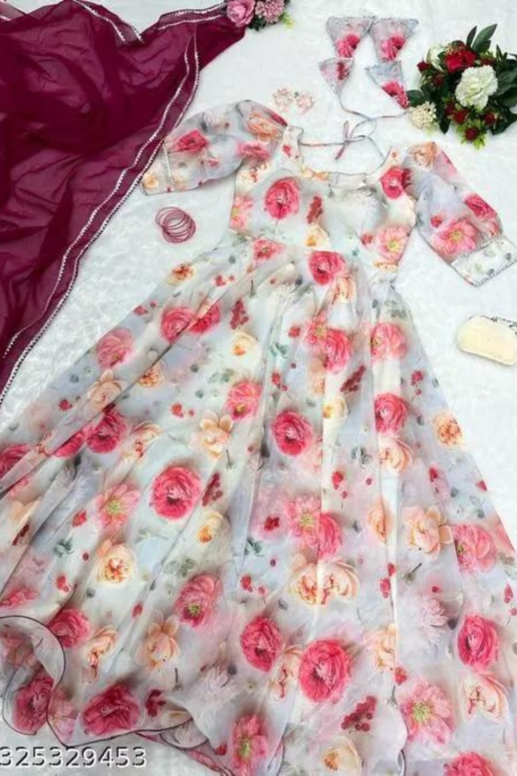 3D Digital printed organza silk suit with huge flair Anarkali Gown