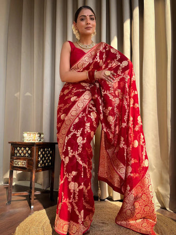 Elegantly decorated with gorgeous Solid Jacquard weave that gives a perfect look to the outfit Red Colur