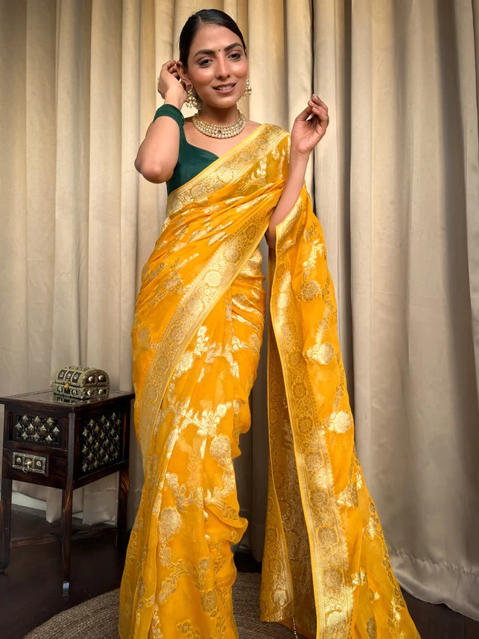 Elegantly decorated with gorgeous Solid Jacquard weave that gives a perfect look to the outfit Yellow Colur