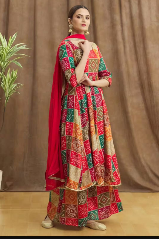 Multi Color Hand Printed  Anarkali And Palazzo With Dupatta Set