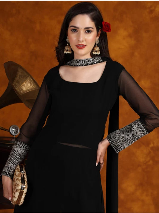 Georgette Lace Work Kurta Palazzo and Dupatta Indo Western Dress For Women