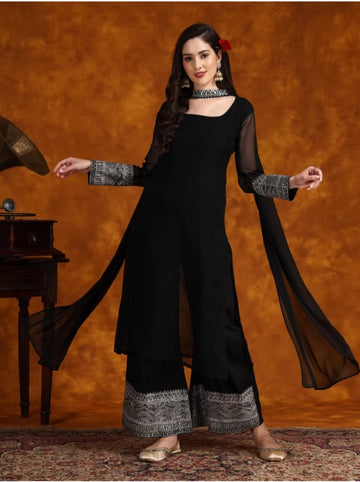 Georgette Lace Work Kurta Palazzo and Dupatta Indo Western Dress For Women