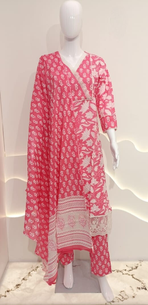Women's Printed Cotton Anarkali Kurta & Pant With Dupatta Set - Gajri