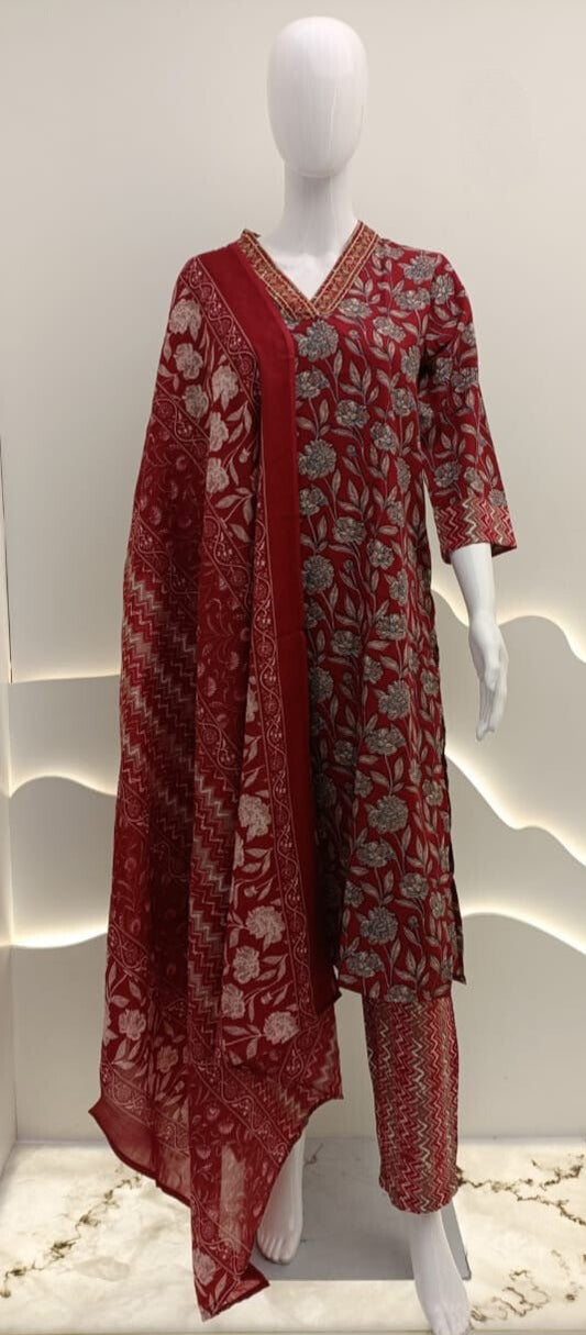 Women's Printed Cotton Anarkali Kurta & Pant With Dupatta Set