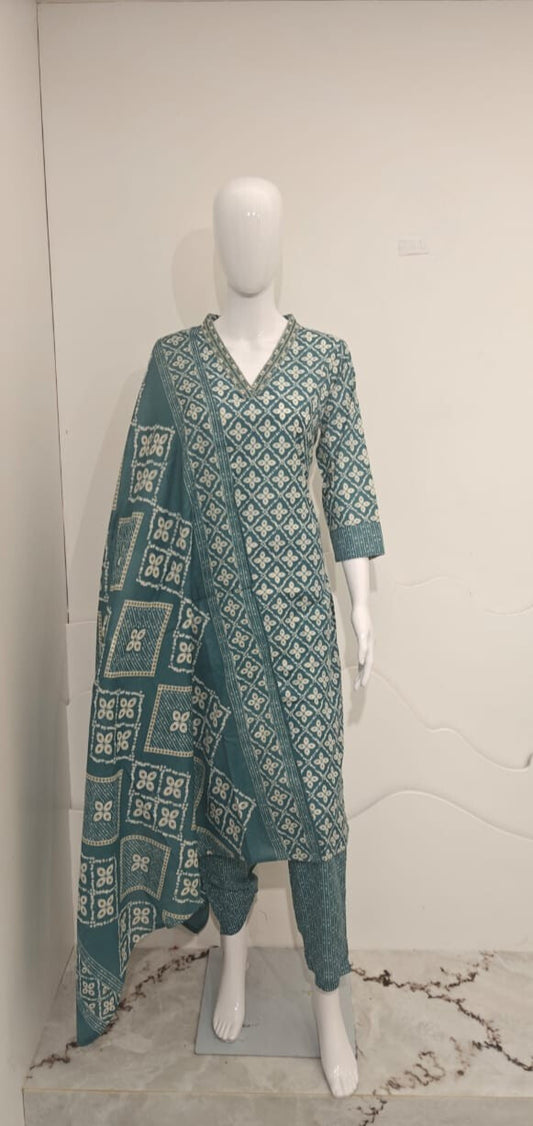 Women's Printed Cotton Anarkali Kurta & Pant With Dupatta Set