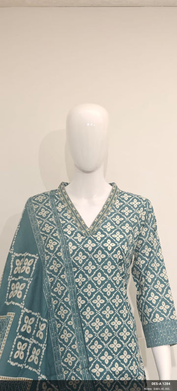 Women's Printed Cotton Anarkali Kurta & Pant With Dupatta Set