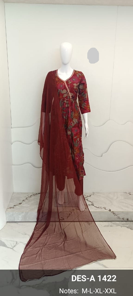 Women's Printed Cotton Anarkali Kurta & Pant With Dupatta Set
