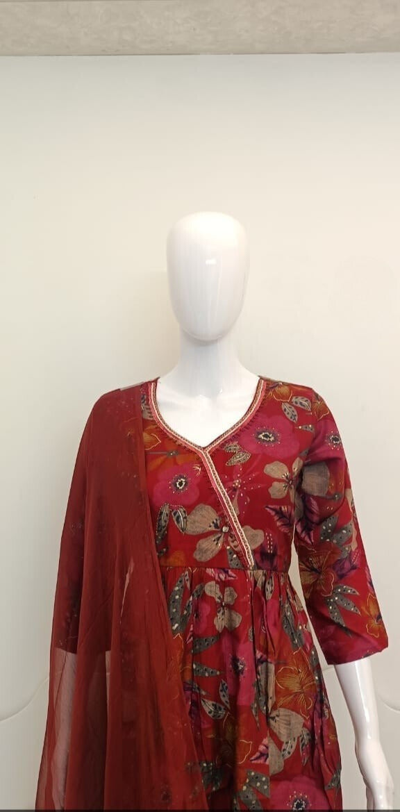 Women's Printed Cotton Anarkali Kurta & Pant With Dupatta Set