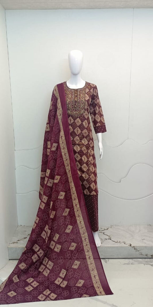 Women's Printed Cotton Anarkali Kurta & Pant With Dupatta Set