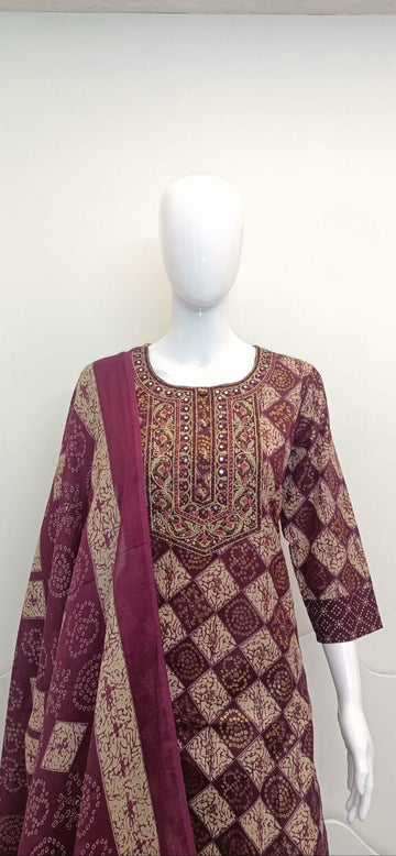 Women's Printed Cotton Anarkali Kurta & Pant With Dupatta Set