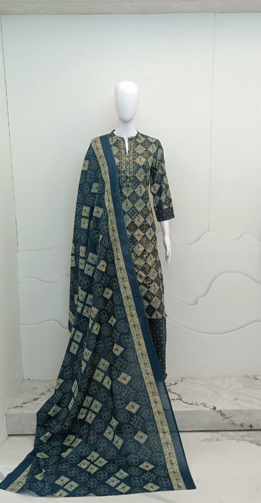 Women's Printed Cotton Anarkali Kurta & Pant With Dupatta Set