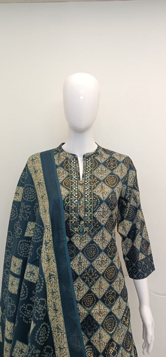 Women's Printed Cotton Anarkali Kurta & Pant With Dupatta Set