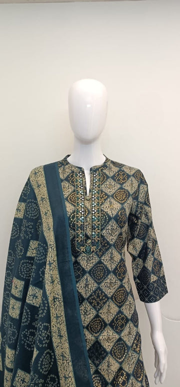 Women's Printed Cotton Anarkali Kurta & Pant With Dupatta Set