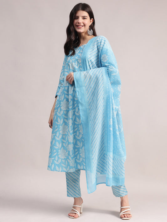 Women's Sky Blue Floral Printed A-Line Kurta with Pintucks, Striped Pants & Dupatta Set