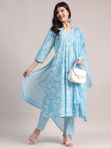 Women's Sky Blue Floral Printed A-Line Kurta with Pintucks, Striped Pants & Dupatta Set