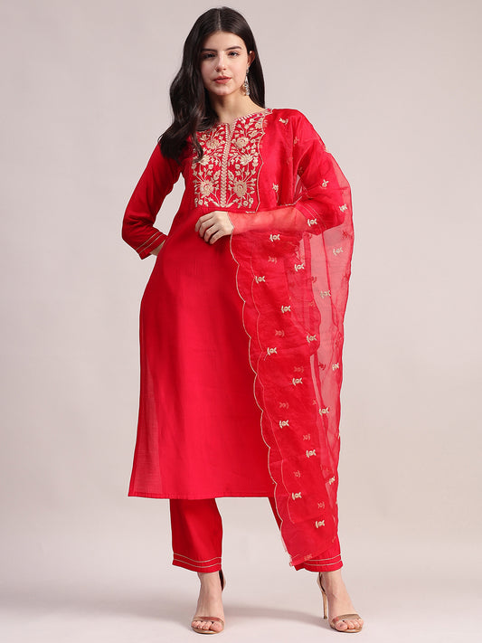 Women's Red Embroidered Roman Silk Kurta, Palazzo & Organza Dupatta Set