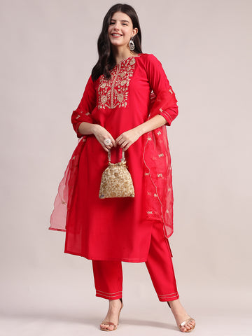 Women's Red Embroidered Roman Silk Kurta, Palazzo & Organza Dupatta Set