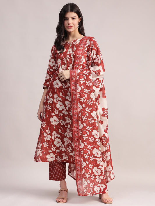 Women Maroon Floral Printed Kurta with Printed Pants & Dupatta Set