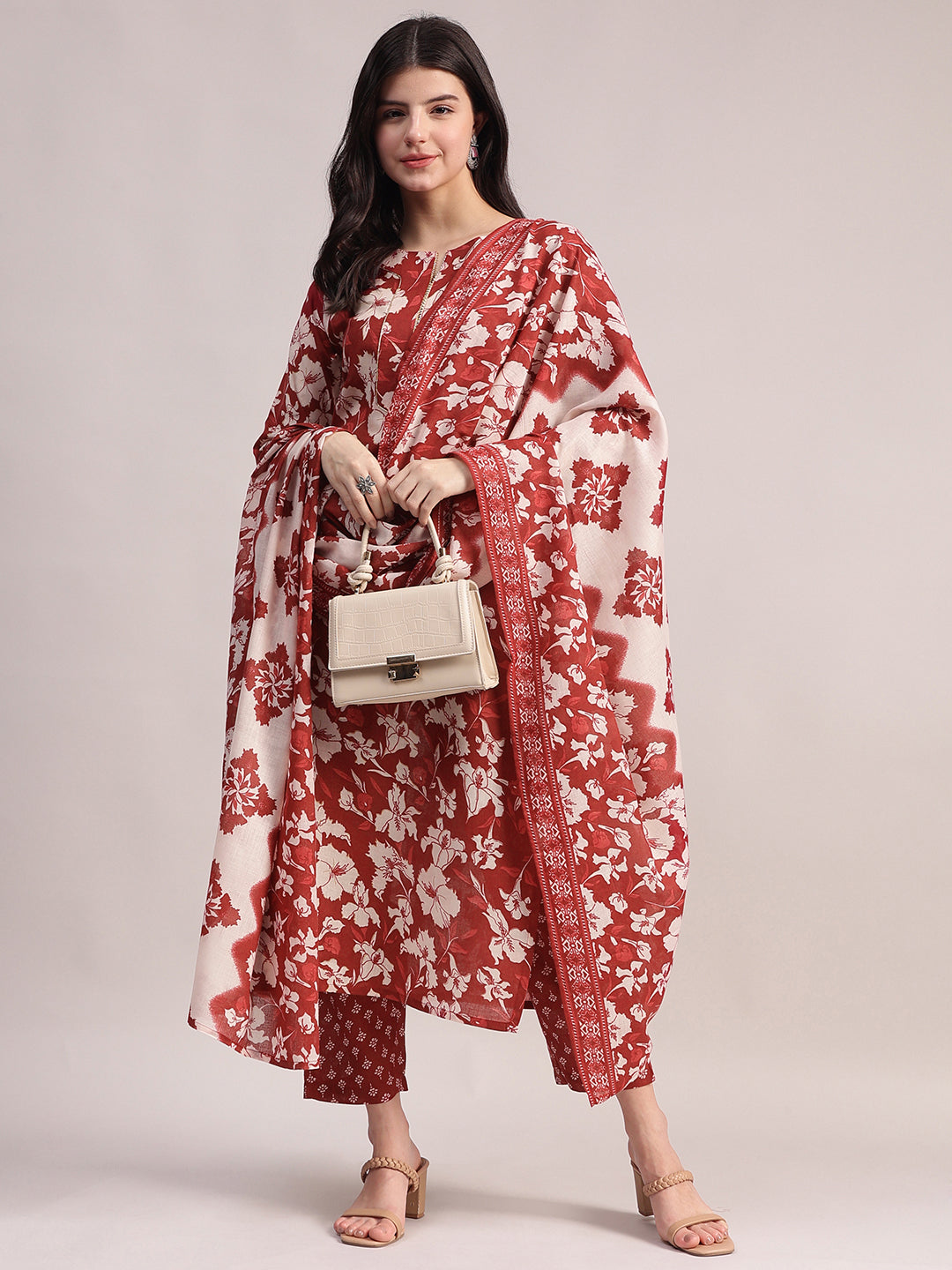 Women Maroon Floral Printed Kurta with Printed Pants & Dupatta Set