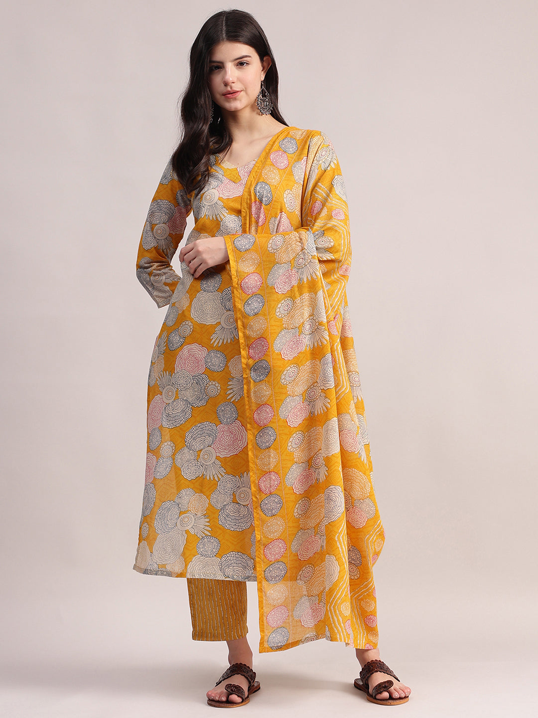 Women Yellow Floral Printed Kurta with Striped Pants & Dupatta Set