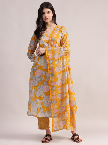 Women Yellow Floral Printed Kurta with Striped Pants & Dupatta Set