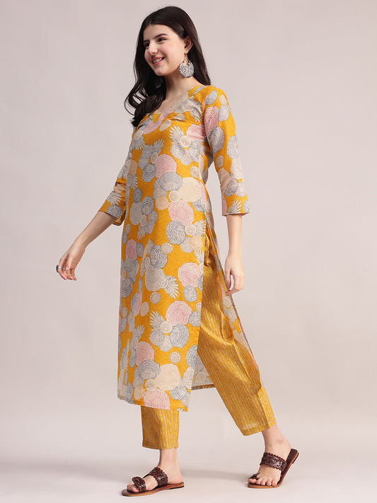 Women Yellow Floral Printed Kurta with Striped Pants & Dupatta Set