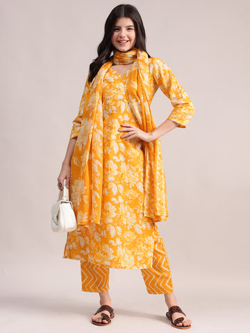 Women Mustard Yellow Floral Printed Kurta with Chevron Printed Pants & Dupatta Set