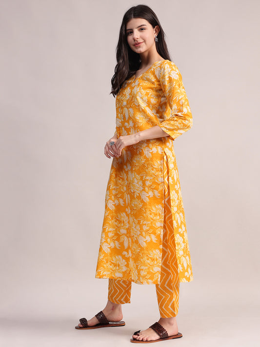 Women Mustard Yellow Floral Printed Kurta with Chevron Printed Pants & Dupatta Set