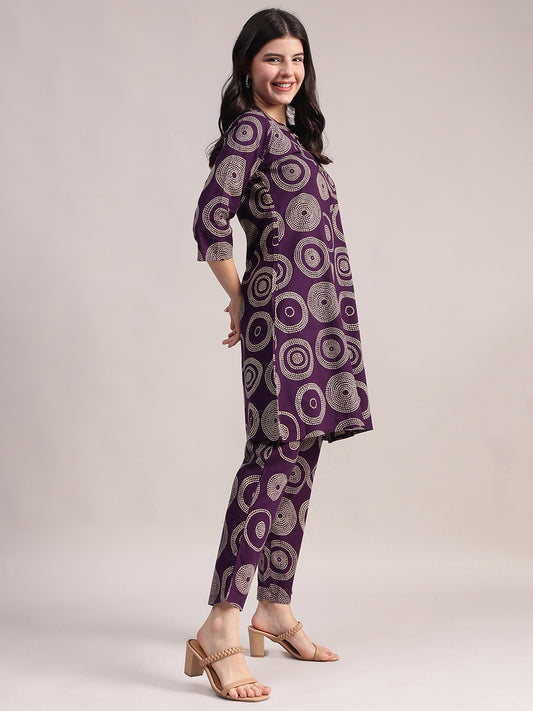 Women's Purple Geometric Printed Cotton Co-ord Set