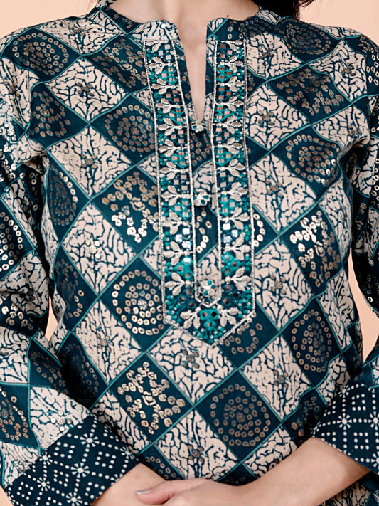 Women's Printed Cotton Anarkali Kurta & Pant With Dupatta Set