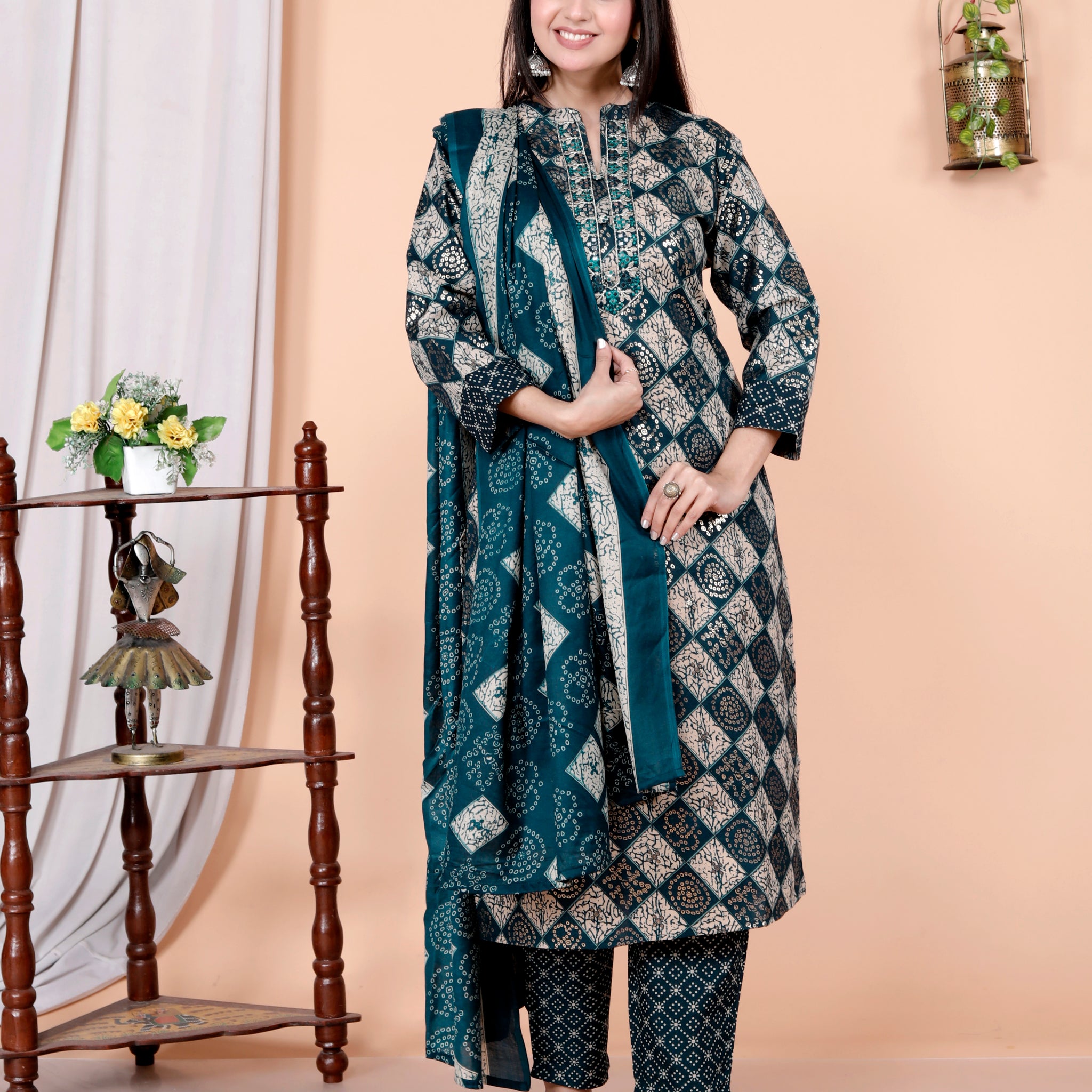 Women's Printed Cotton Anarkali Kurta & Pant With Dupatta Set