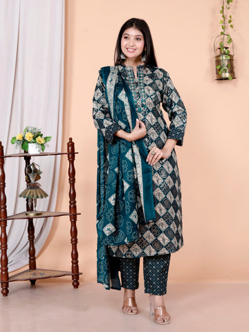 Women's Printed Cotton Anarkali Kurta & Pant With Dupatta Set
