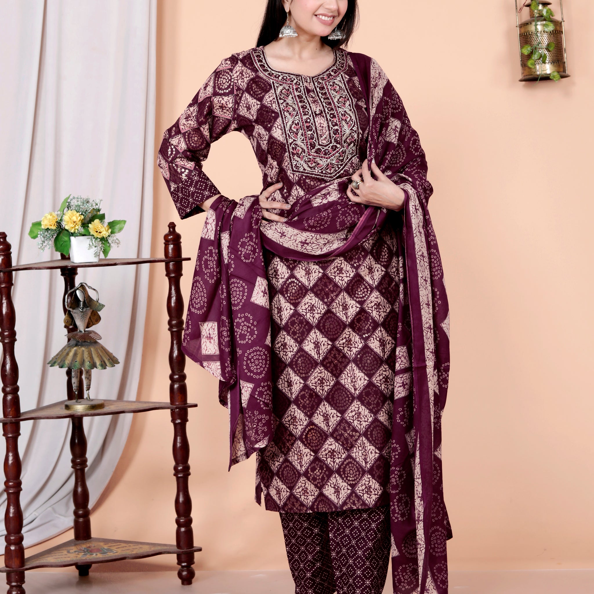 Women Printed Cotton Anarkali Kurta & Pant With Dupatta Set