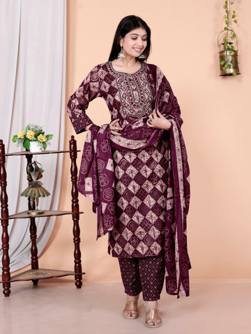 Women Printed Cotton Anarkali Kurta & Pant With Dupatta Set