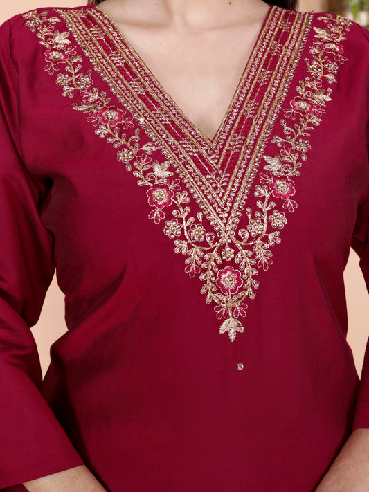 Women's Cotton Anarkali Kurta & Pant With Dupatta Set With Embroidery Work Red Colour