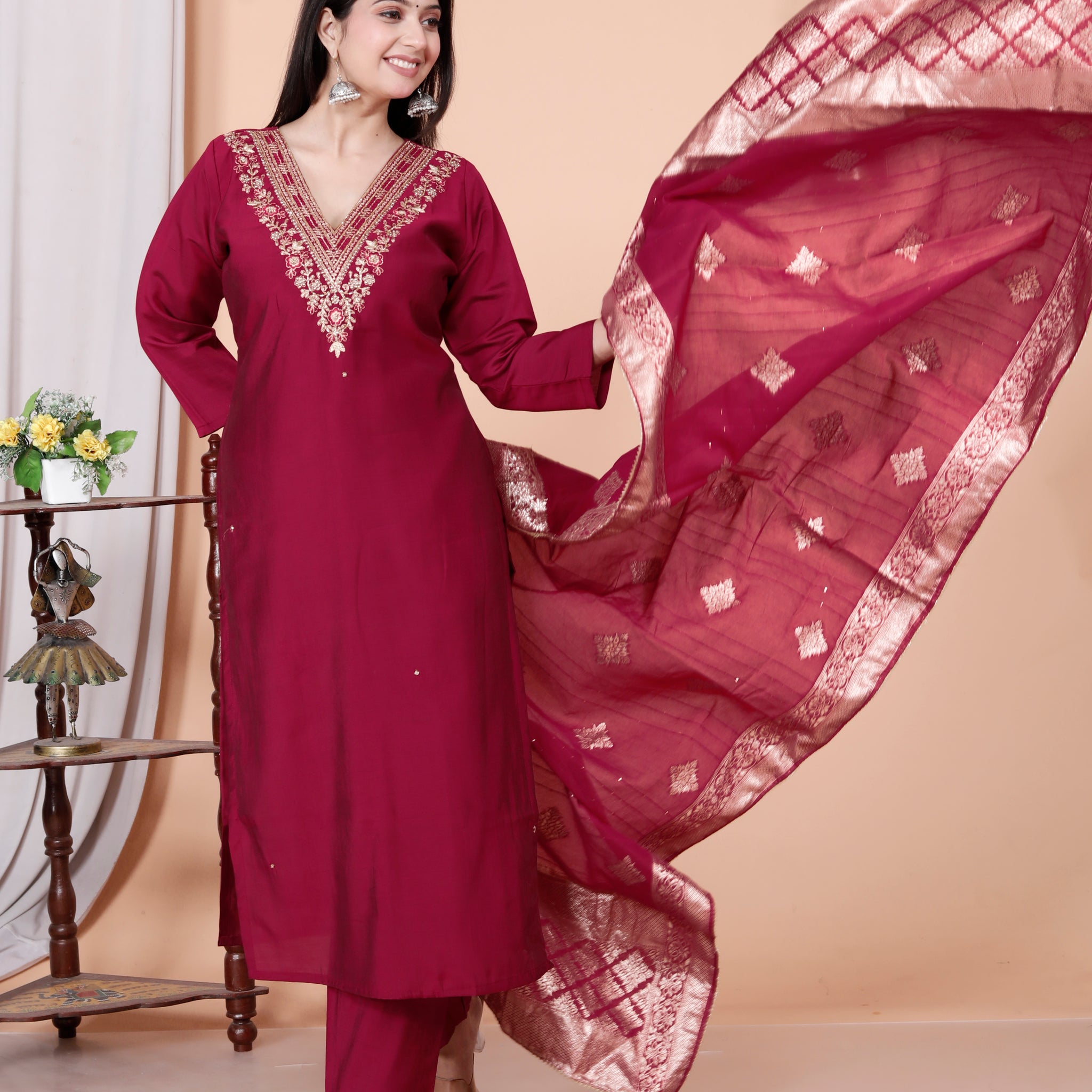 Women's Cotton Anarkali Kurta & Pant With Dupatta Set With Embroidery Work Red Colour