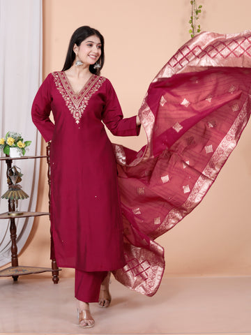 Women's Cotton Anarkali Kurta & Pant With Dupatta Set With Embroidery Work Red Colour