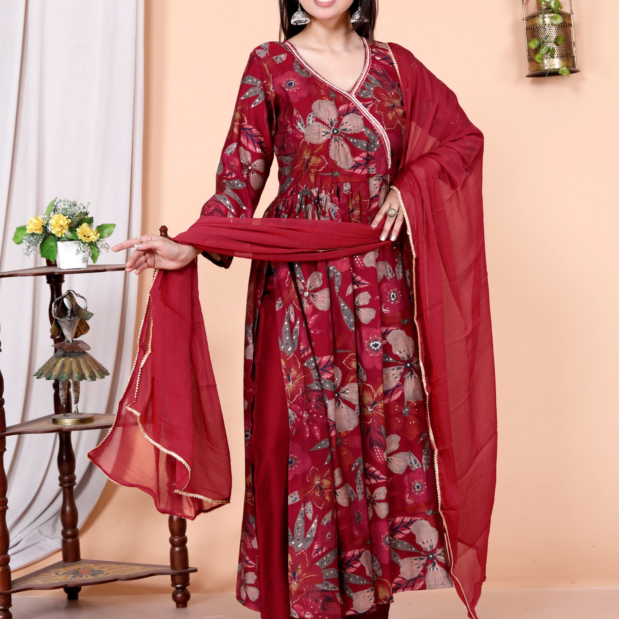 Red Pure Cotton Anarkali Kurta & Pant With Dupatta Set
