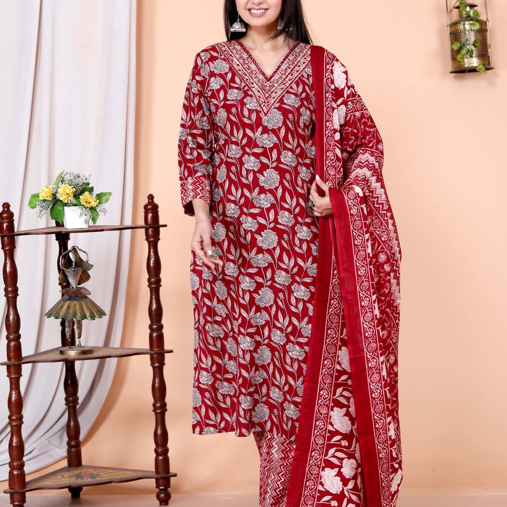 Women's Printed Cotton Anarkali Kurta & Pant With Dupatta Set