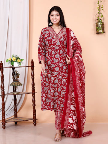 Women's Printed Cotton Anarkali Kurta & Pant With Dupatta Set