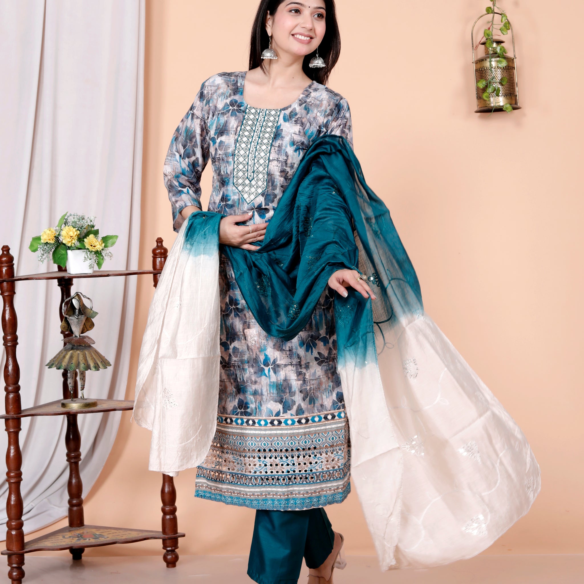 Women's  Cotton Anarkali Kurta & Pant With Dupatta Set embroidery Work