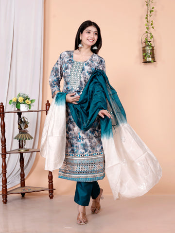 Women's  Cotton Anarkali Kurta & Pant With Dupatta Set embroidery Work