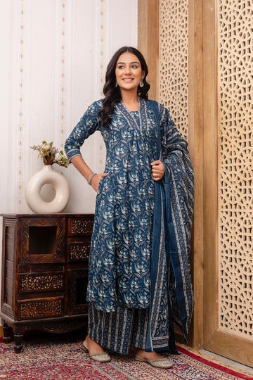 Womens Plus Size Blue Printed Anarkali Kurta With Pant & Dupatta - Blue