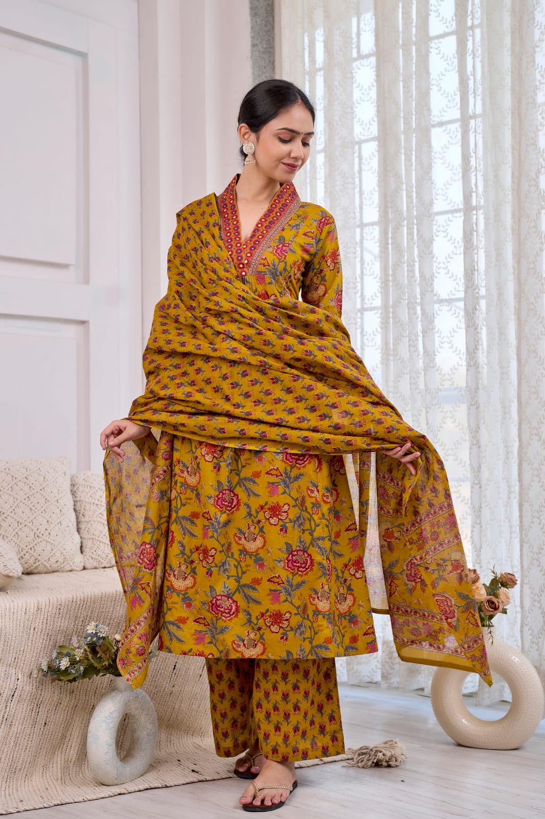 Cotton mustard yellow floral print kurti set