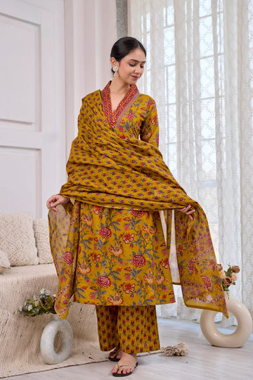 Cotton mustard yellow floral print kurti set