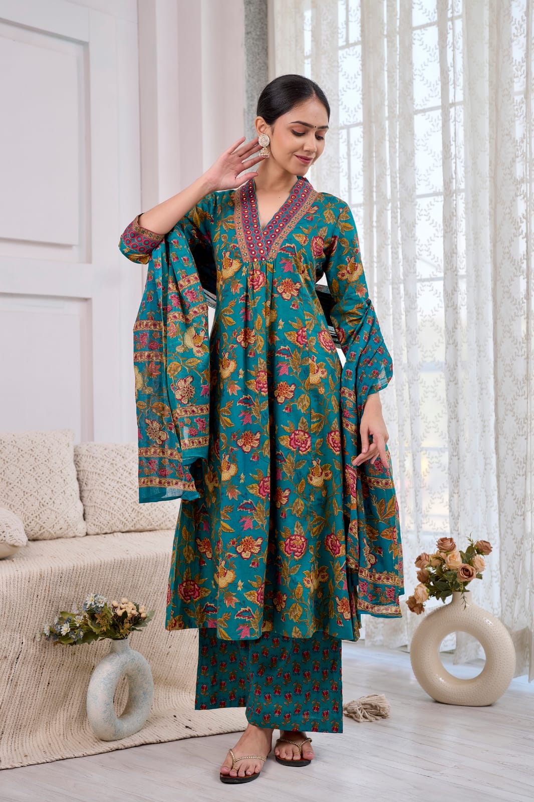 Cotton Green floral print kurti set