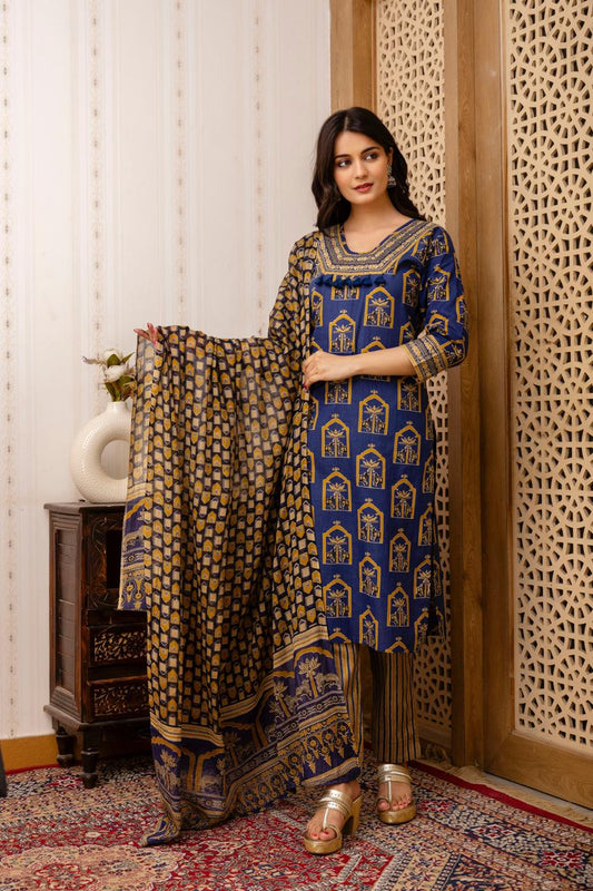 Womens Block Printed Anarkali Kurta With Pant & Dupatta