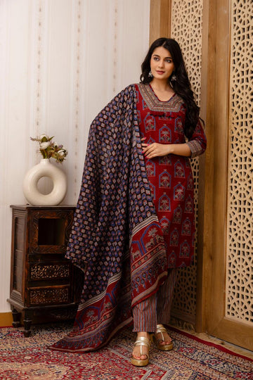 Womens Block Printed Anarkali Kurta With Pant & Dupatta Red Colour